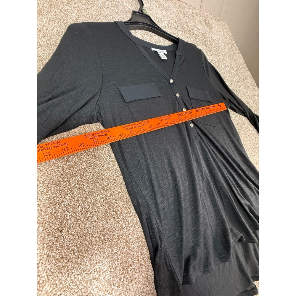 White House Black Market Black Rayon Slub Henley High-Low Top Womens Large L - Picture 3 of 10